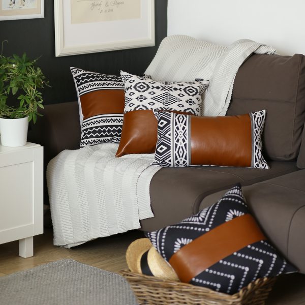 Rectangular Rustic Brown Faux Leather and Geometric Patterns Lumbar Pillow Cover - Image 3