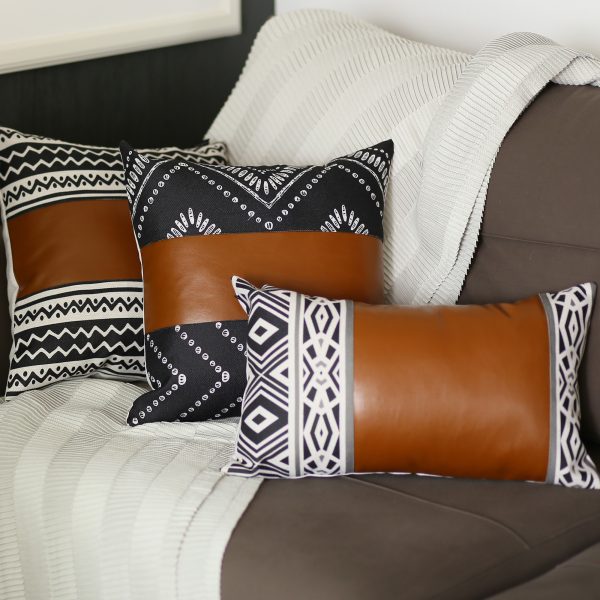 Rectangular Rustic Brown Faux Leather and Geometric Patterns Lumbar Pillow Cover - Image 4