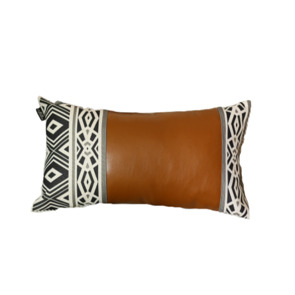 Rectangular Rustic Brown Faux Leather and Geometric Patterns Lumbar Pillow Cover - Image 5