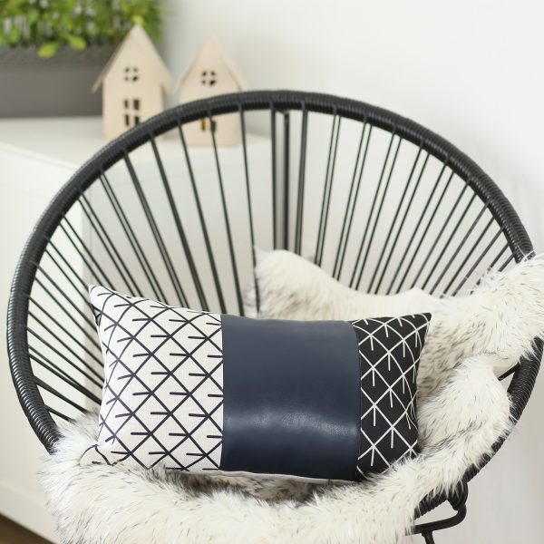 Rectangular Bohemian Lattice Pattern and Navy Blue Faux Leather Lumbar Pillow Cover - Image 2