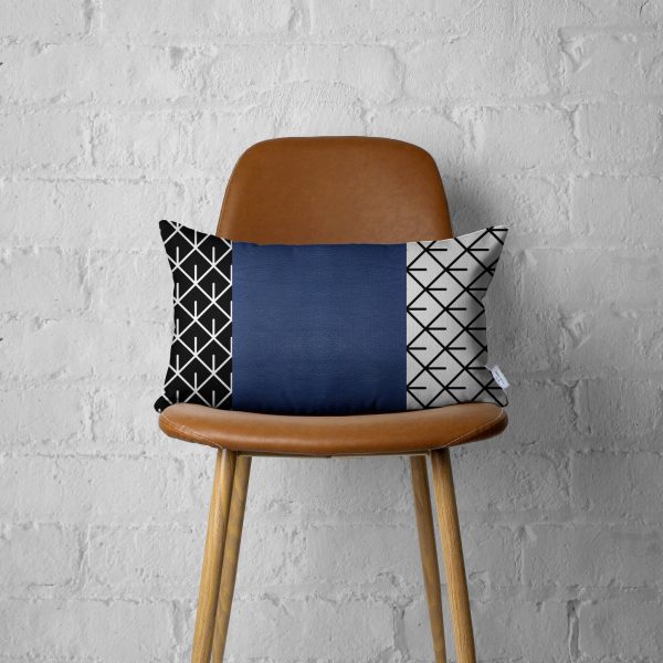 Rectangular Bohemian Lattice Pattern and Navy Blue Faux Leather Lumbar Pillow Cover - Image 3