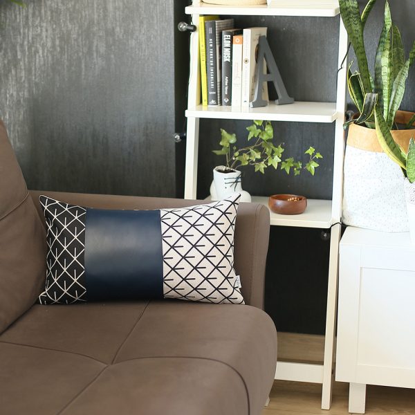 Rectangular Bohemian Lattice Pattern and Navy Blue Faux Leather Lumbar Pillow Cover - Image 4
