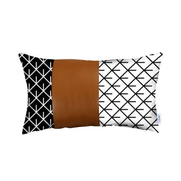 Reverse Black and White and Brown Faux Leather Lumbar Pillow Cover