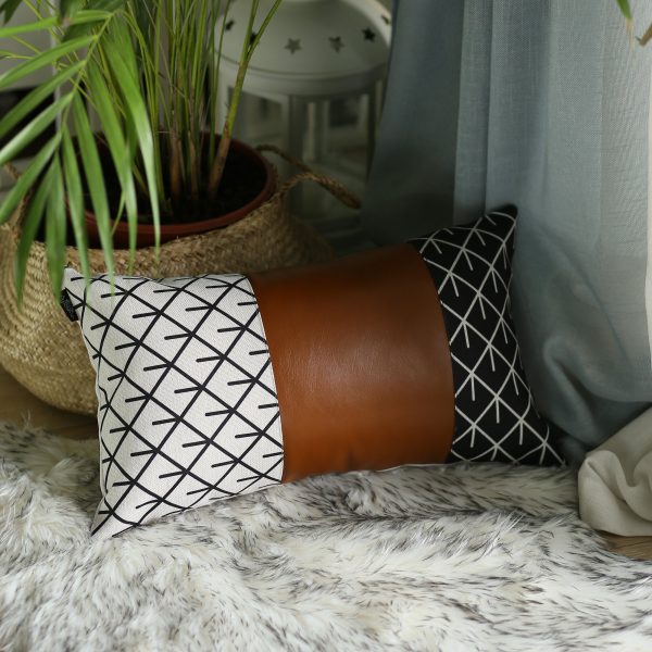 Reverse Black and White and Brown Faux Leather Lumbar Pillow Cover - Image 3