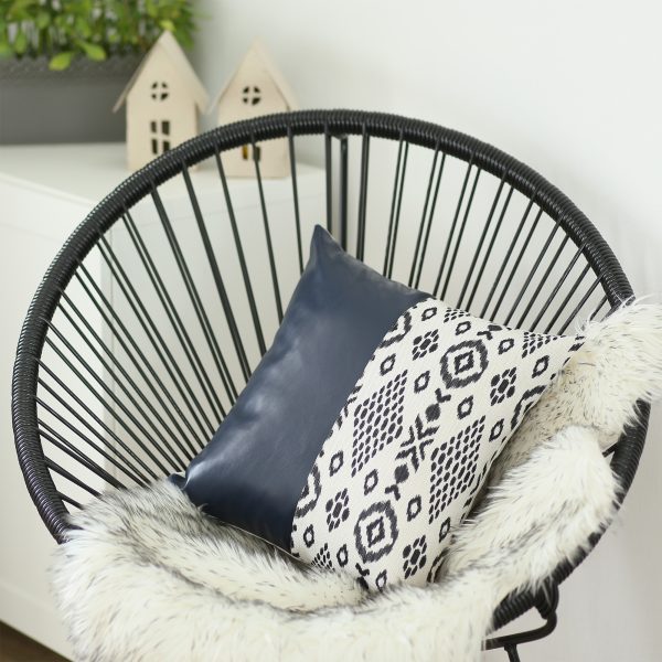Bisected Eclectic Patterns and Spruce Blue Faux Leather Lumbar Pillow Cover - Image 2