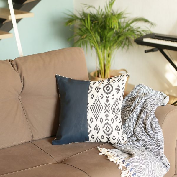 Bisected Eclectic Patterns and Spruce Blue Faux Leather Lumbar Pillow Cover - Image 3