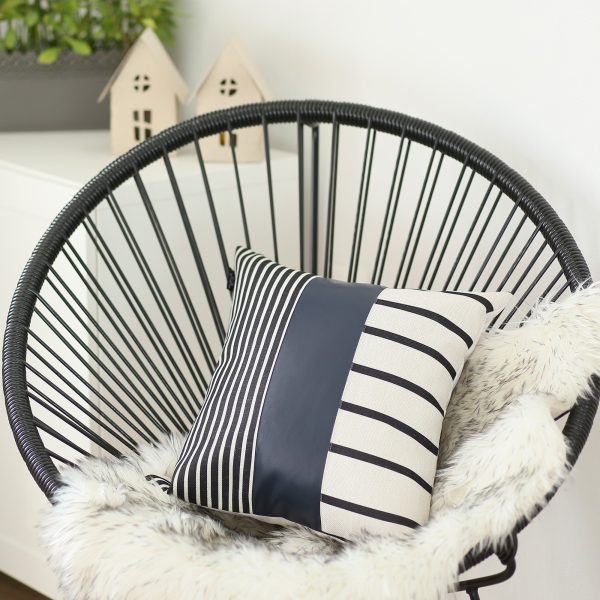 Traditional Navy Blue Faux Leather and Monochromatic Stripes Lumbar Pillow Cover - Image 2
