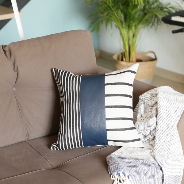Traditional Navy Blue Faux Leather and Monochromatic Stripes Lumbar Pillow Cover - Image 3