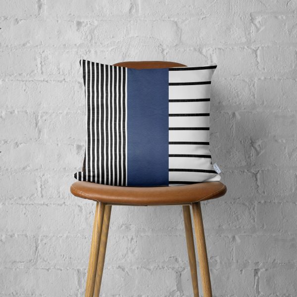 Traditional Navy Blue Faux Leather and Monochromatic Stripes Lumbar Pillow Cover - Image 4