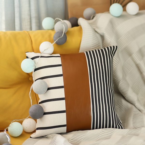 Faux Leather and Monochromatic Stripes Decorative Pillow Cover - Image 2