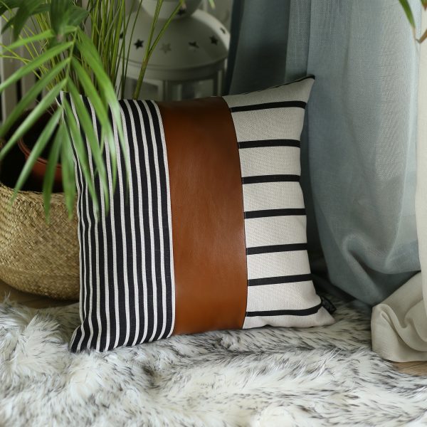 Faux Leather and Monochromatic Stripes Decorative Pillow Cover - Image 4