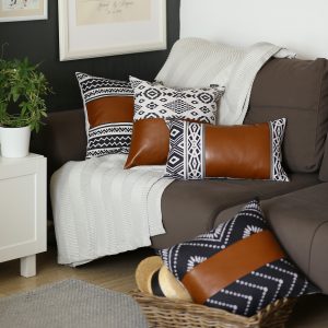 Black and White Pearl Geo with Brown Faux Leather Pillow Cover