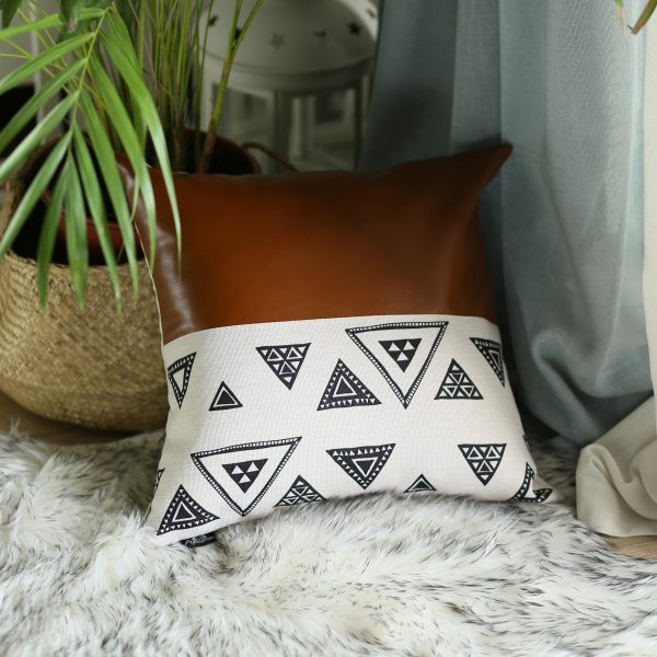 Playful Triangle and Brown Faux Leather Pillow Cover - Image 3