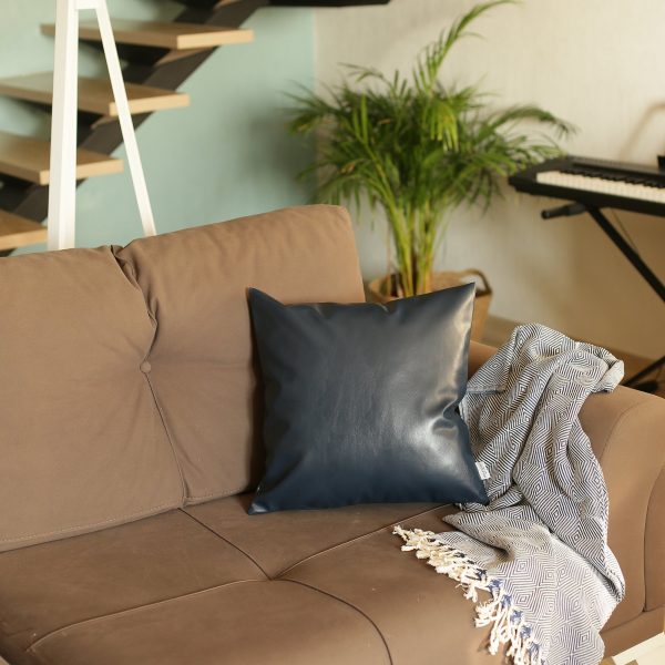 Solid Navy Blue Faux Leather Decorative Pillow Cover - Image 4
