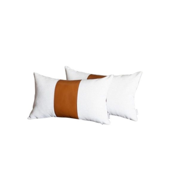 White and Brown Faux Leather Lumbar Pillow Cover - Image 2