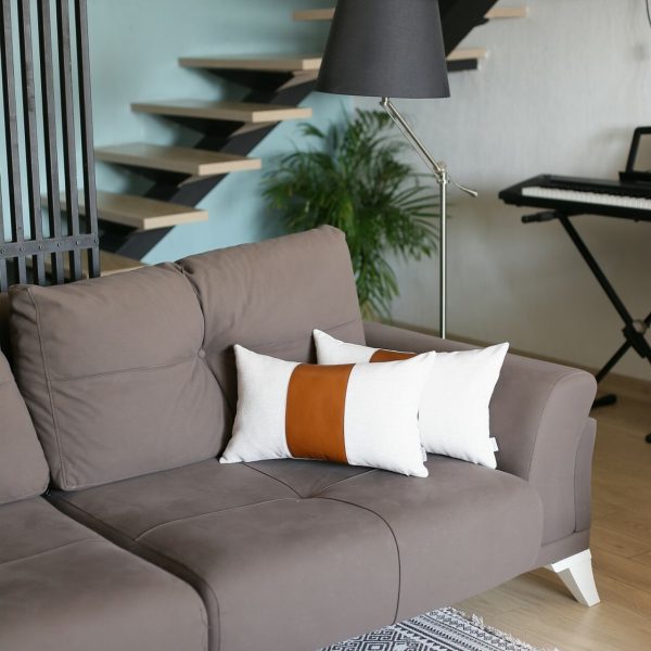 White and Brown Faux Leather Lumbar Pillow Cover - Image 3