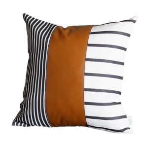 20" x 20" Black and White Stripes and Faux Leather  Pillow Cover