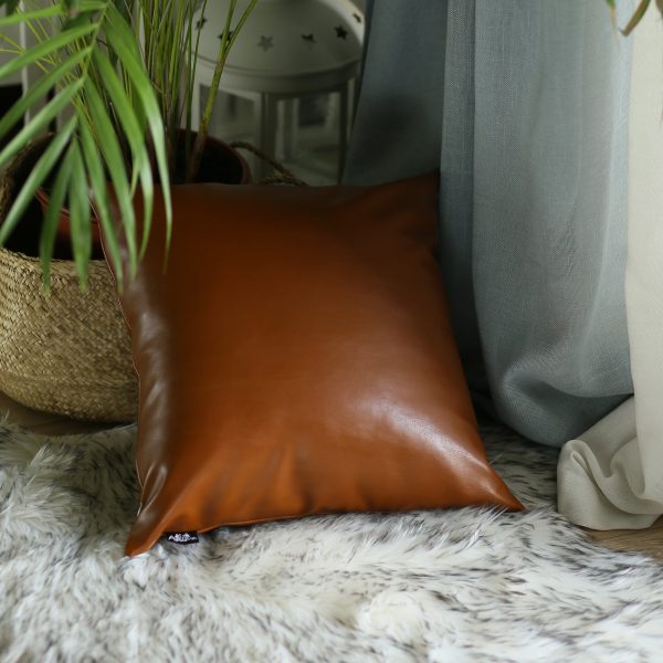 XL Rustic Brown Faux Leather Lumbar Pillow Cover - Image 4