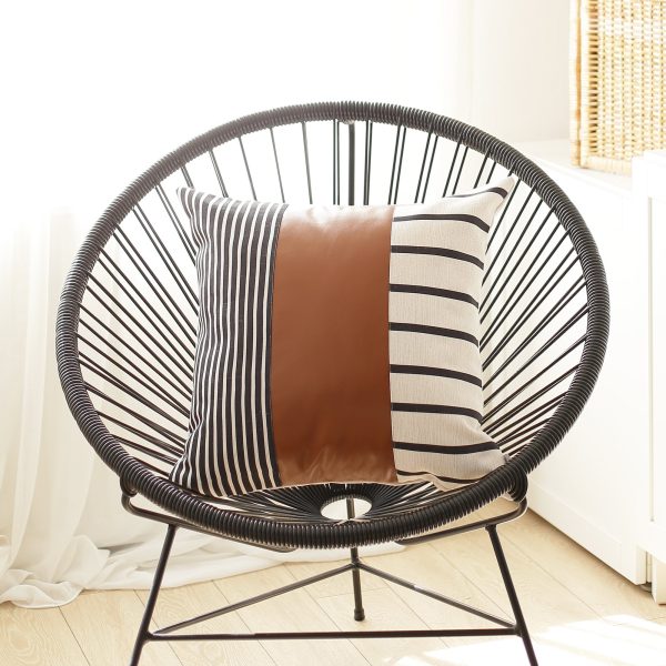 22" x 22" Black and White Stripes and  Faux Leather Pillow Cover - Image 2