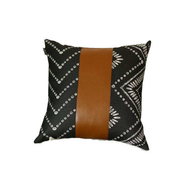 Set of 2 Ikat Styled Patterns and Bright Brown Faux Leather Pillow Covers - Image 3
