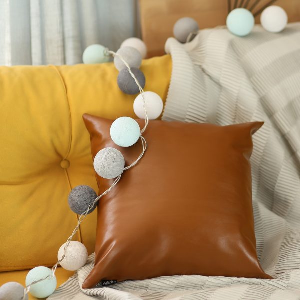 Set of 2 Solid Caramel Brown Faux Leather Pillow Covers - Image 2