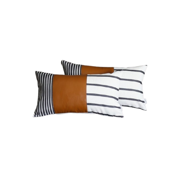 Set of 2 Striped and Bright Brown Faux Leather Lumbar Pillow Covers - Image 2