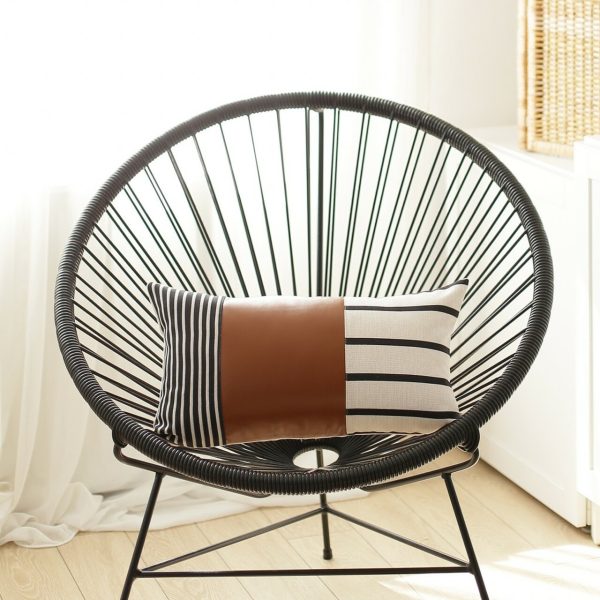 Set of 2 Striped and Bright Brown Faux Leather Lumbar Pillow Covers - Image 3