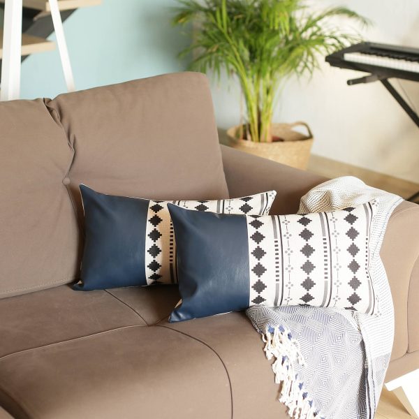 Set of 2 Diamond Patterns and Navy Blue Faux Leather Lumbar Pillow Covers - Image 2