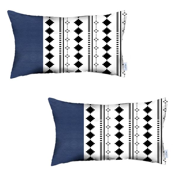 Set of 2 Diamond Patterns and Navy Blue Faux Leather Lumbar Pillow Covers - Image 3