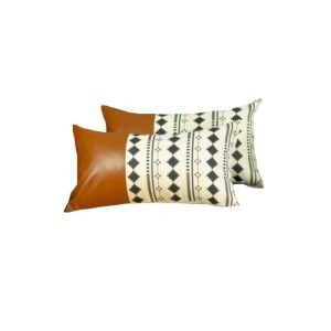 Set of 2 Diamond Patterned and Brown Faux Leather Lumbar Pillow Covers