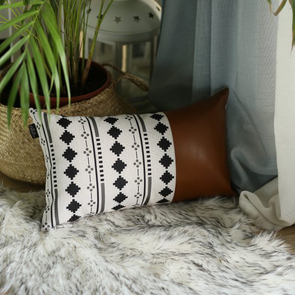 Set of 2 Diamond Patterned and Brown Faux Leather Lumbar Pillow Covers - Image 3