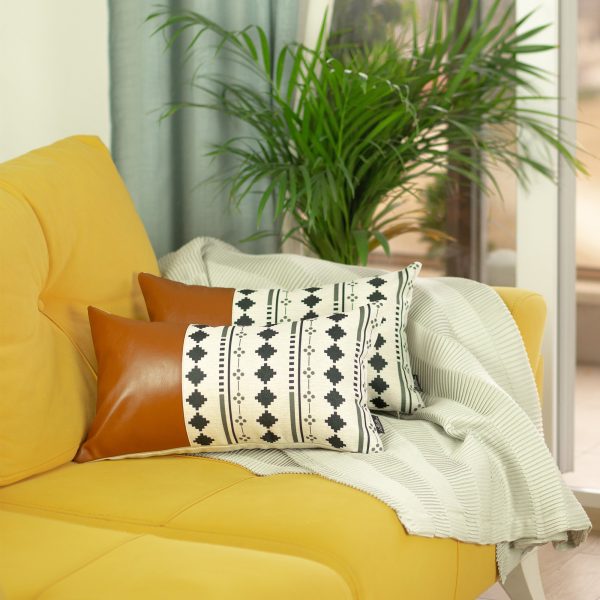 Set of 2 Diamond Patterned and Brown Faux Leather Lumbar Pillow Covers - Image 4