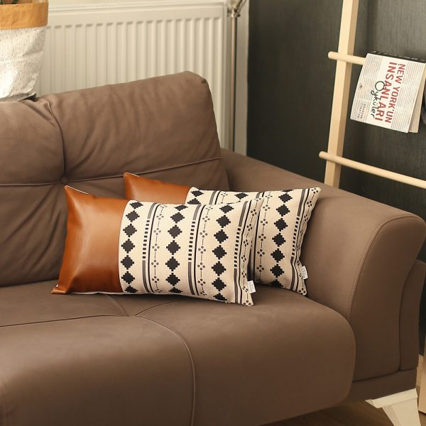 Set of 2 Diamond Patterned and Brown Faux Leather Lumbar Pillow Covers - Image 5