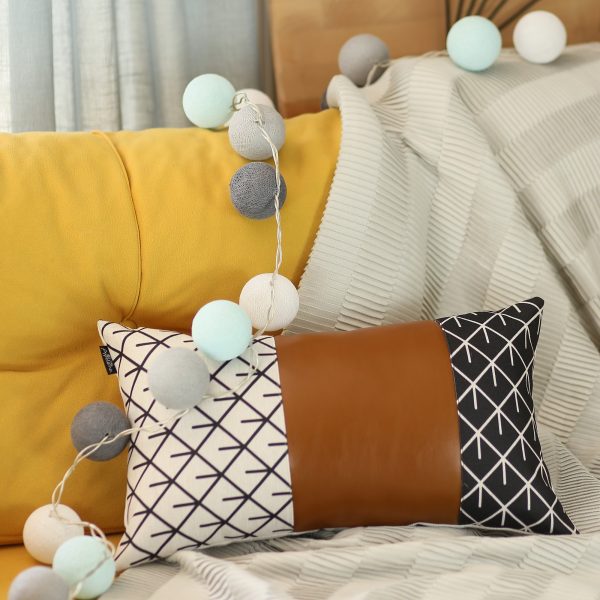 Set of 2 Geometric Lattice Pattern and Warm Brown Faux Leather Pillow Covers - Image 2