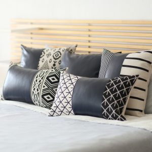 Set of 2 Half Bohemian Patterns and Prussian Blue Faux Leather Lumbar Pillow Covers