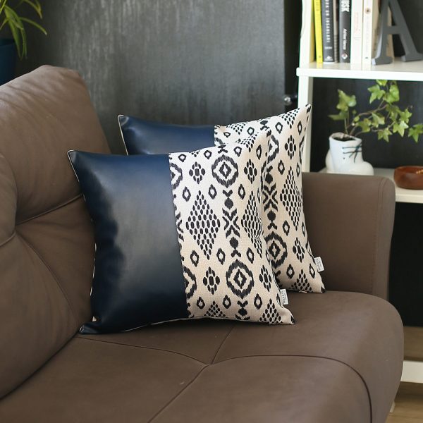 Set of 2 Half Bohemian Patterns and Prussian Blue Faux Leather Lumbar Pillow Covers - Image 2