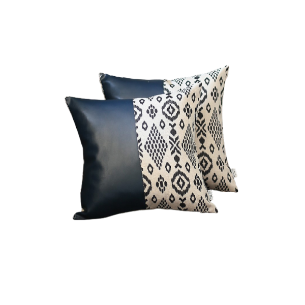 Set of 2 Half Bohemian Patterns and Prussian Blue Faux Leather Lumbar Pillow Covers - Image 3