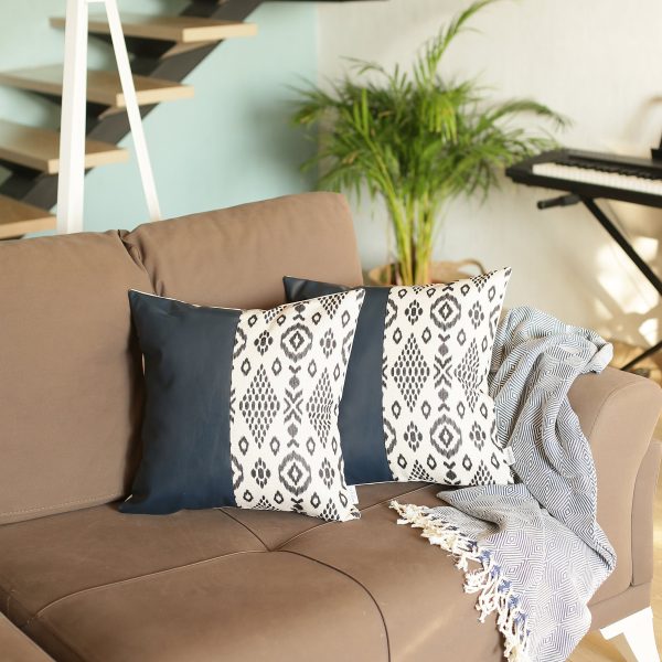 Set of 2 Half Bohemian Patterns and Prussian Blue Faux Leather Lumbar Pillow Covers - Image 4