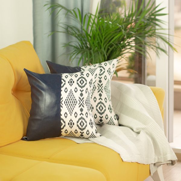 Set of 2 Half Bohemian Patterns and Prussian Blue Faux Leather Lumbar Pillow Covers - Image 5
