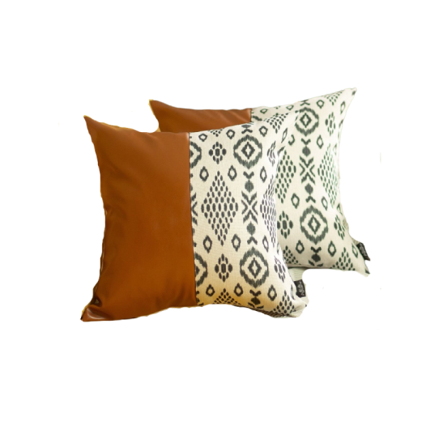 Set of 2 Semi Brown Faux Leather and Eclectic Geometric Patterns Pillow Covers - Image 2