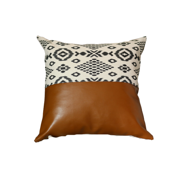 Set of 2 Semi Brown Faux Leather and Eclectic Geometric Patterns Pillow Covers - Image 3