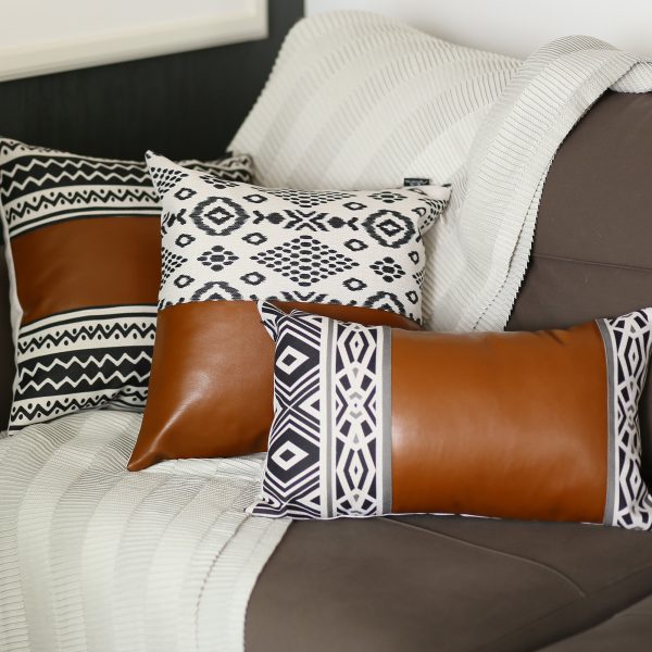 Set of 2 Semi Brown Faux Leather and Eclectic Geometric Patterns Pillow Covers - Image 4
