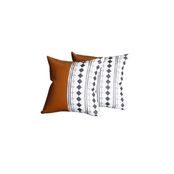 Set of 2 Half Diamond Patterns and Rustic Brown Faux Leather Lumbar Pillow Covers - Image 2