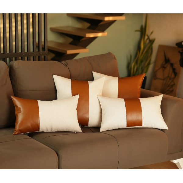 Set of 2 Porcelain White and Center Caramel Brown Faux Leather Pillow Covers - Image 2