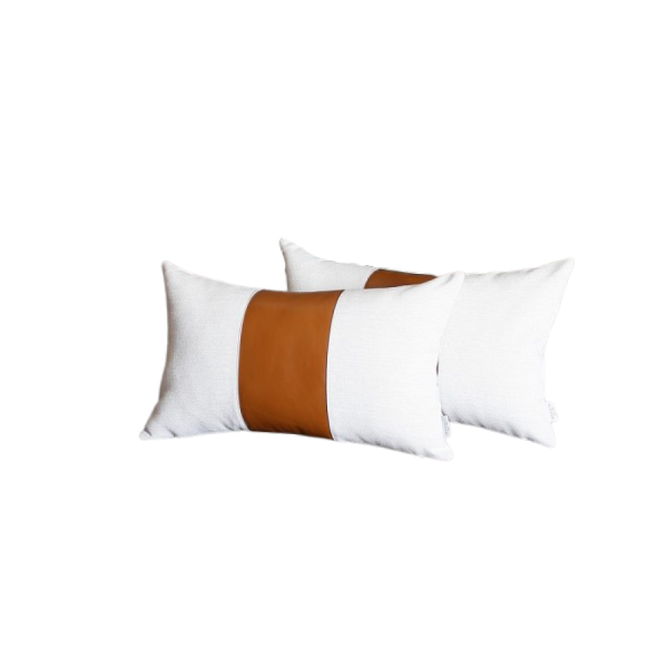 Set of 2 Porcelain White and Center Caramel Brown Faux Leather Pillow Covers - Image 3