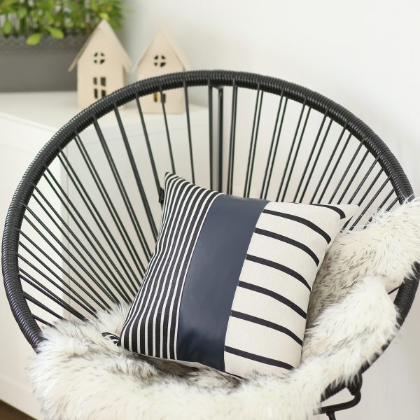 Set of 2 Monochromic Stripe Ends and Spruce Blue Faux Leather Lumbar Pillow Covers - Image 2