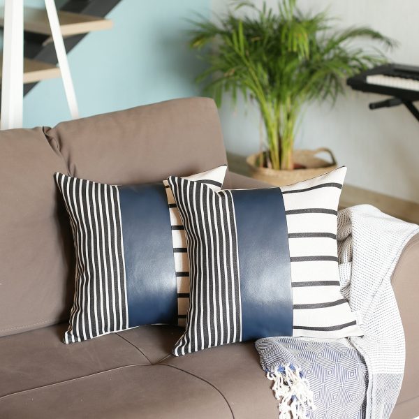 Set of 2 Monochromic Stripe Ends and Spruce Blue Faux Leather Lumbar Pillow Covers - Image 3