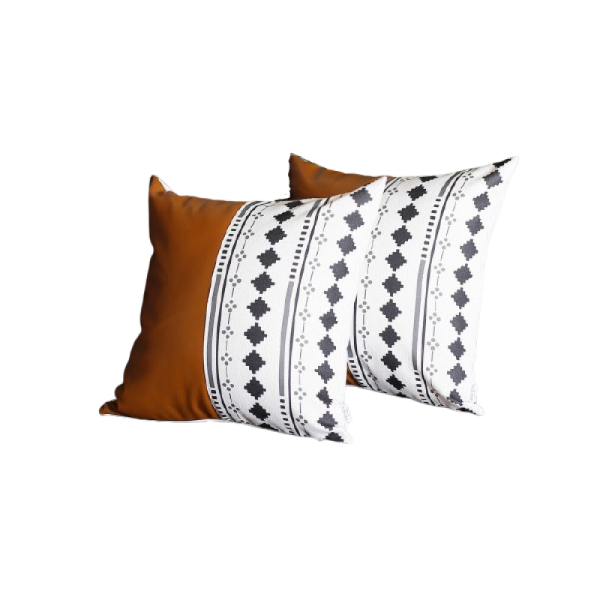 Set of 2 Half Brown Faux Leather and Diamond Patterns Lumbar Pillow Covers - Image 2