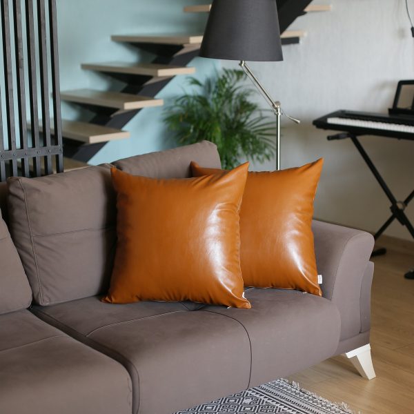 Set of 2 Warm-toned Solid Brown Faux Leather Pillow Covers - Image 4