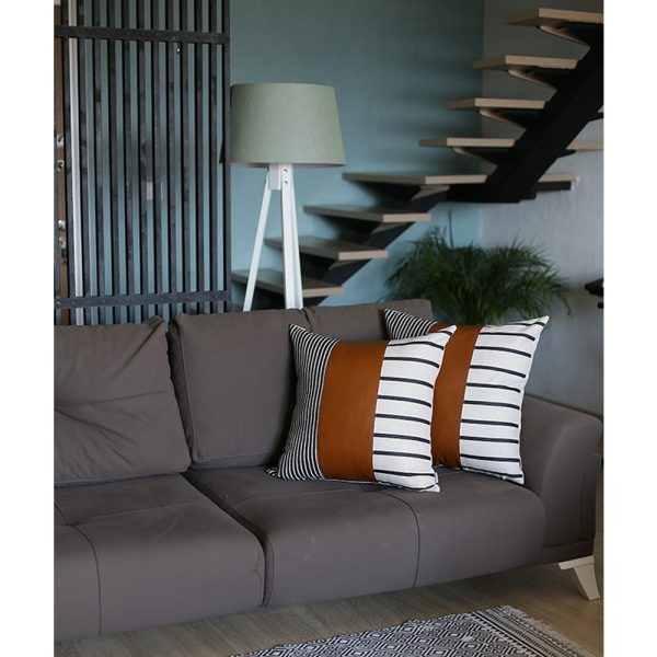 Set of 2 Monochromic Stripe Ends and Brown Faux Leather Lumbar Pillow Covers - Image 2